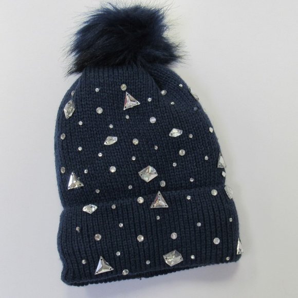 Navy Blue Warm Fleece Lined Sparkle Bling Stone Knit Winter Pom Pom Hat Beanie - Picture 1 of 6